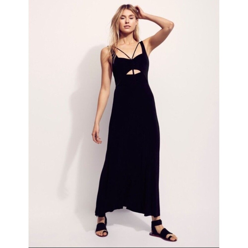 Free People Black Hypnotized Knit Black Maxi Dress Strappy Cutout Size XS